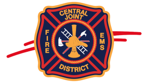 Blue, red, and yellow Central Joint Fire EMS District patch with two red lines showing behind it.
