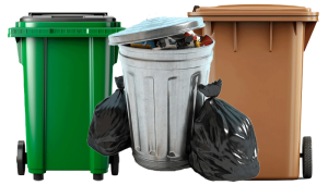 A green, silver, and brown trash can with two black garbage bags, arranged side by side,